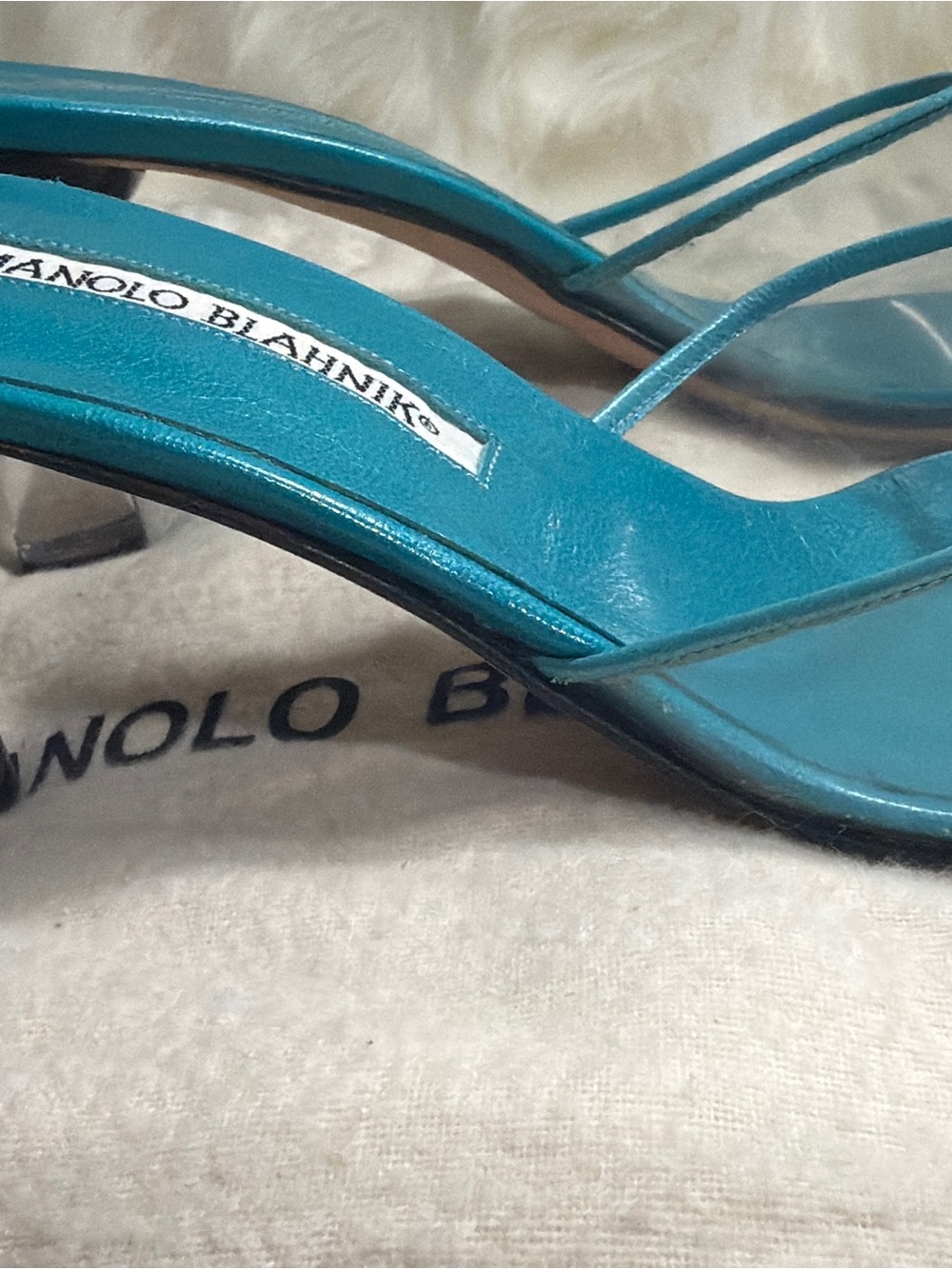 Manolo Blahnik Teal Slide Mules with Clear Strap - Picture 6 of 10